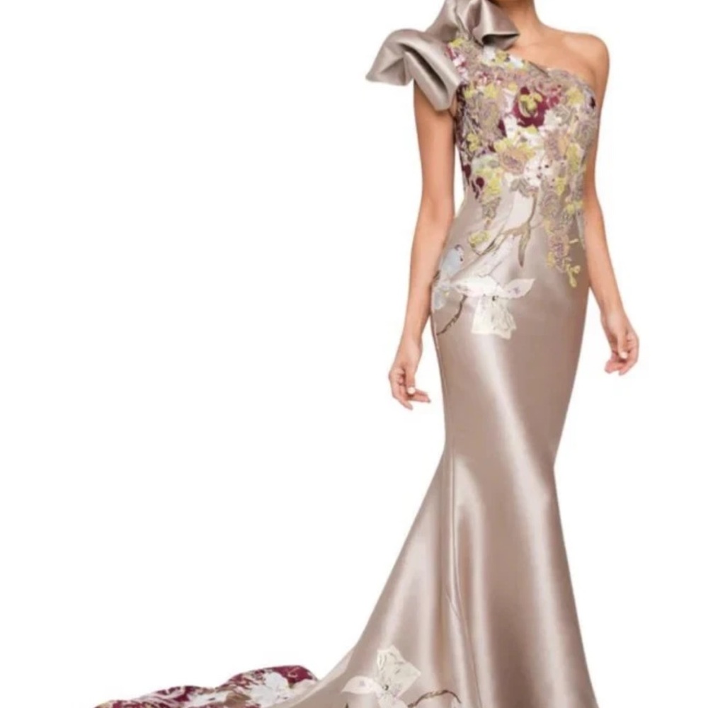 Terani Couture Taupe Satin One-Shoulder Gown with Floral Appliqué
